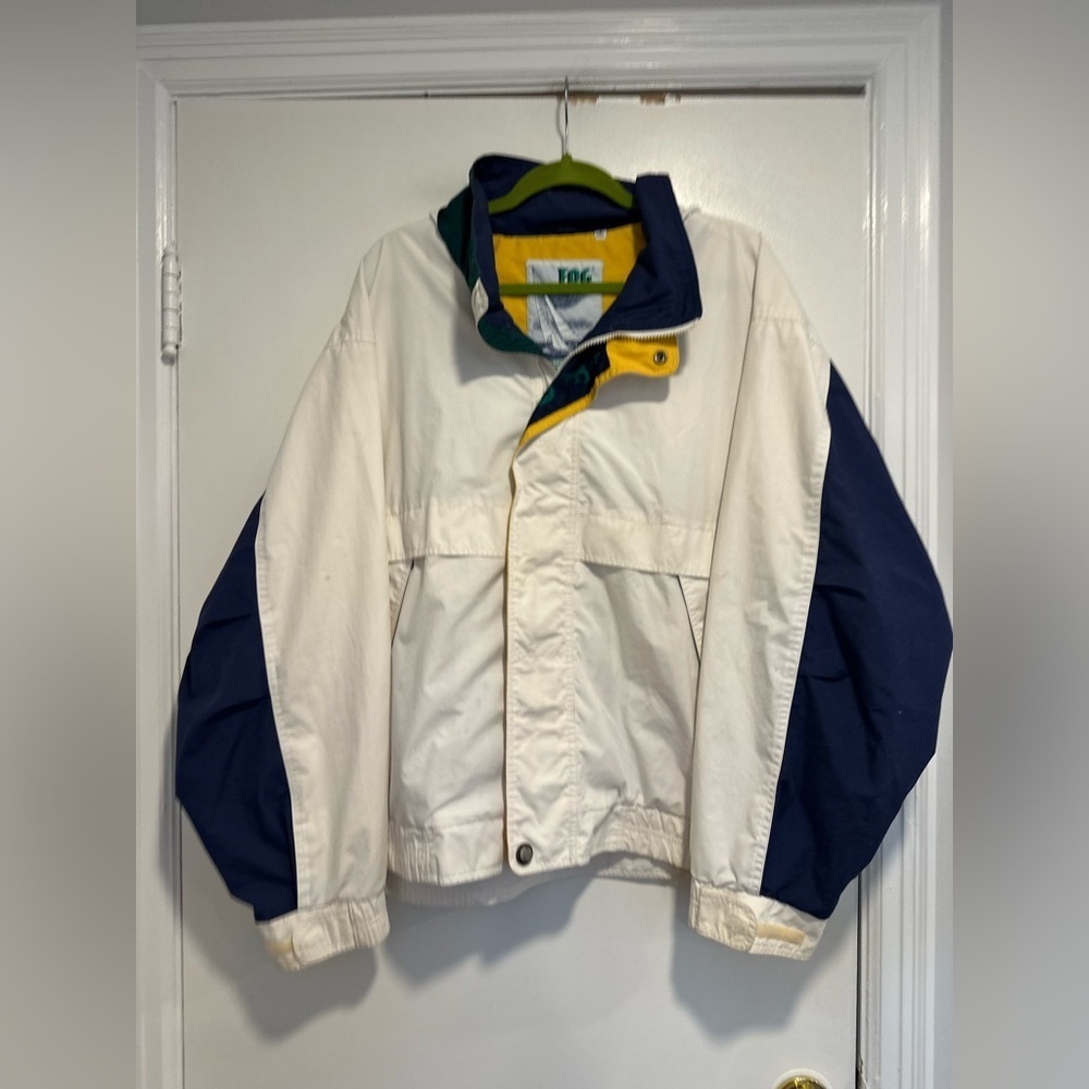 Vintage London Fog Jacket Sz:XL White Blue Yellow ColorBlock Sailing Windbreaker